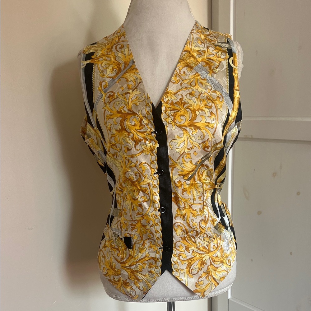 Vintage Blu di Balestra Gold Chain Motif 100% Silk Vest - Baroque Ornate Print